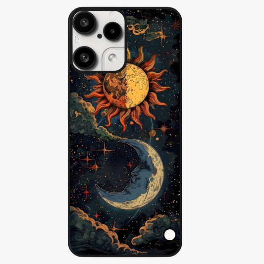 Sun And Moon Magic Design Glass Case showing flat back view with mystical sun and moon artwork and glossy glass finish.