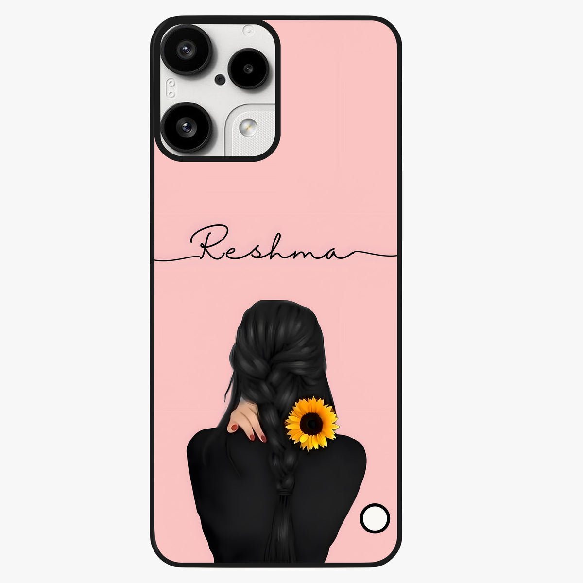 Sunflower Braid Beauty With Custom Name Glass Case showing flat back view with sunflower braid artwork and personalized name design.