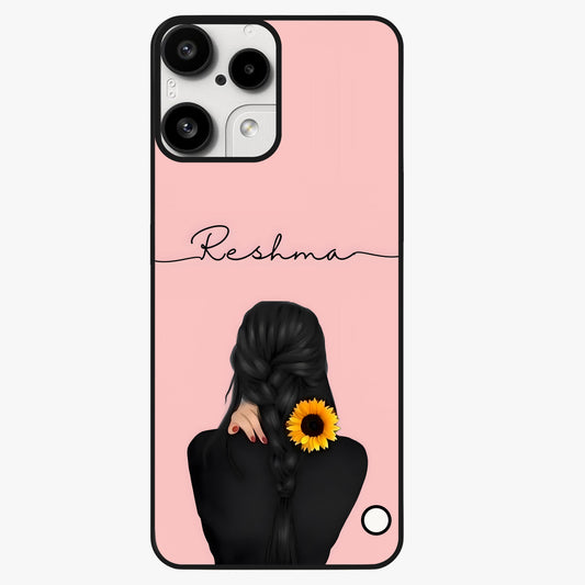 Sunflower Braid Beauty With Custom Name Glass Case showing flat back view with sunflower braid artwork and personalized name design.