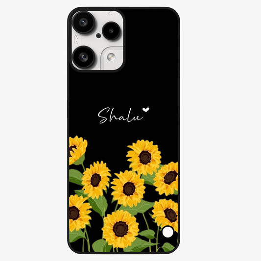 Sunflower Chic Mood Custom Name Glass Case showing flat back view with stylish sunflower artwork and personalized name design.