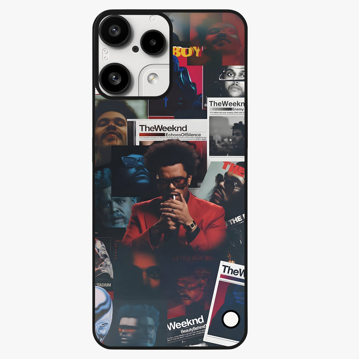 The Weeknd Glass Case showing flat back view with music inspired artistic portrait artwork and glossy glass finish.