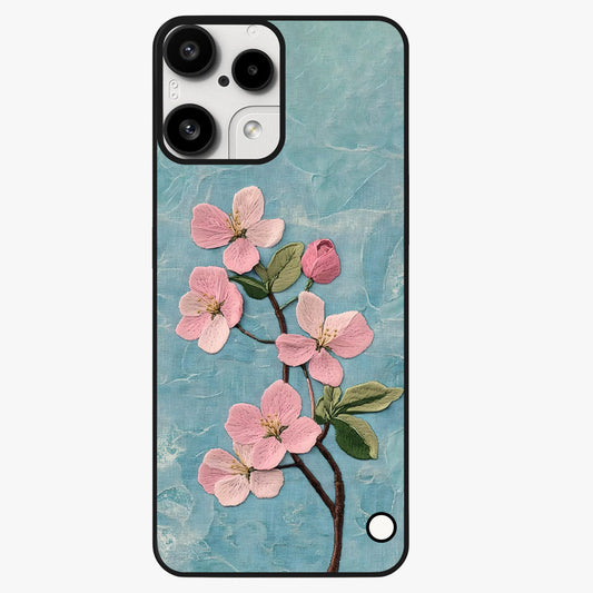 Threaded Blossom Breeze Glass Case showing flat back view with delicate blossom artwork and glossy glass finish.