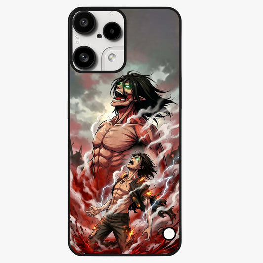 Titan Awakening Fury Glass Case showing flat back view with powerful titan inspired artwork and glossy glass finish.