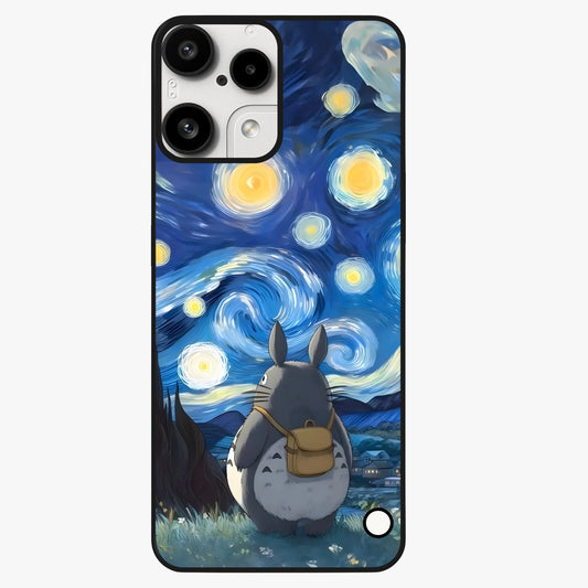Totoro In Van Gogh Art Glass Case showing flat back view with whimsical character artwork inspired by Van Gogh style and glossy glass finish.