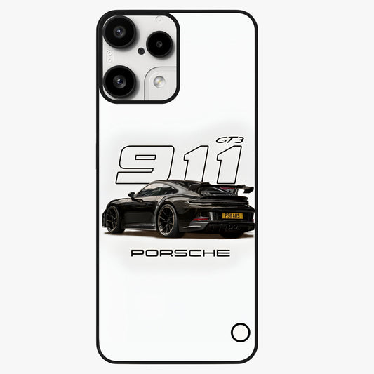 Turbo Legacy Icon Glass Case showing flat back view with iconic sports car inspired artwork and glossy glass finish.