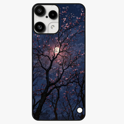 Twilight Sakura Serenade Glass Case showing flat back view with cherry blossom artwork at twilight and glossy glass finish.