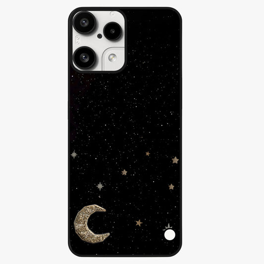 Twinkle Star With Half Moon Glass Case showing flat back view with star and half moon artwork and glossy glass finish.