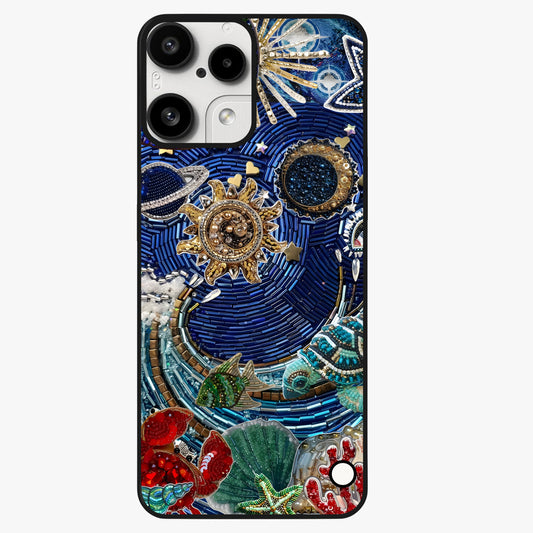 Universe Underwater Spark Glass Case showing flat back view with cosmic underwater themed artwork and glossy glass finish.