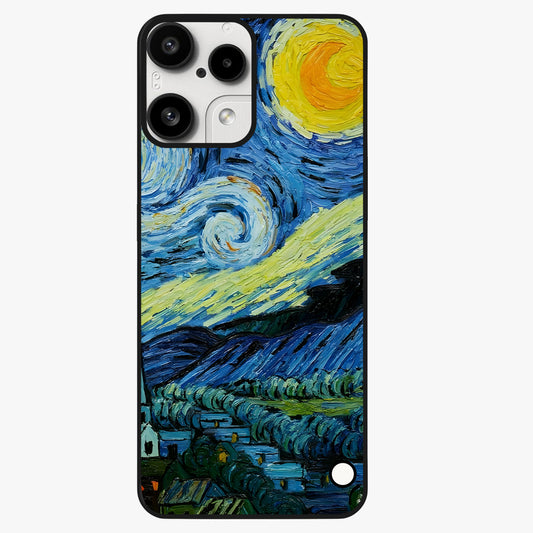 Van Gogh Art Glass Case showing flat back view with classic painterly artwork inspired by Van Gogh style and glossy glass finish.