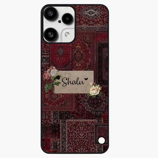 Velvet Wine Pattern Custom Name Glass Case showing flat back view with elegant wine colored pattern artwork and personalized name design.