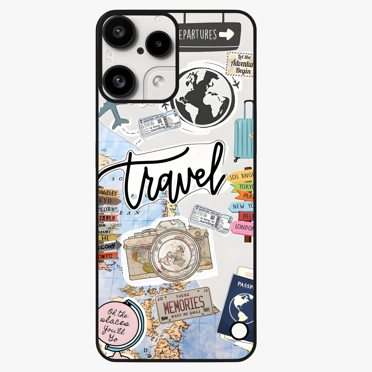Wanderlust Journal Glass Case showing flat back view with travel inspired artwork and glossy glass finish.