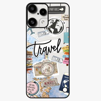 Wanderlust Journal Glass Case showing flat back view with travel inspired artwork and glossy glass finish.