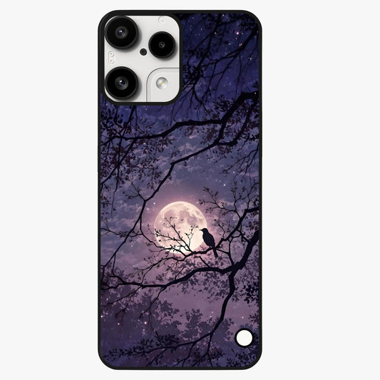 Whispering Moon Silence Glass Case showing flat back view with serene moon themed artwork and glossy glass finish.