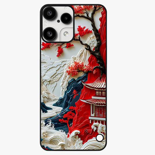 Whispers Of Sakura Waves Glass Case showing flat back view with cherry blossom wave artwork and glossy glass finish.