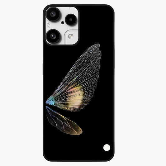 Whispers Of Wings Glass Case showing flat back view with graceful wing inspired artwork and glossy glass finish.