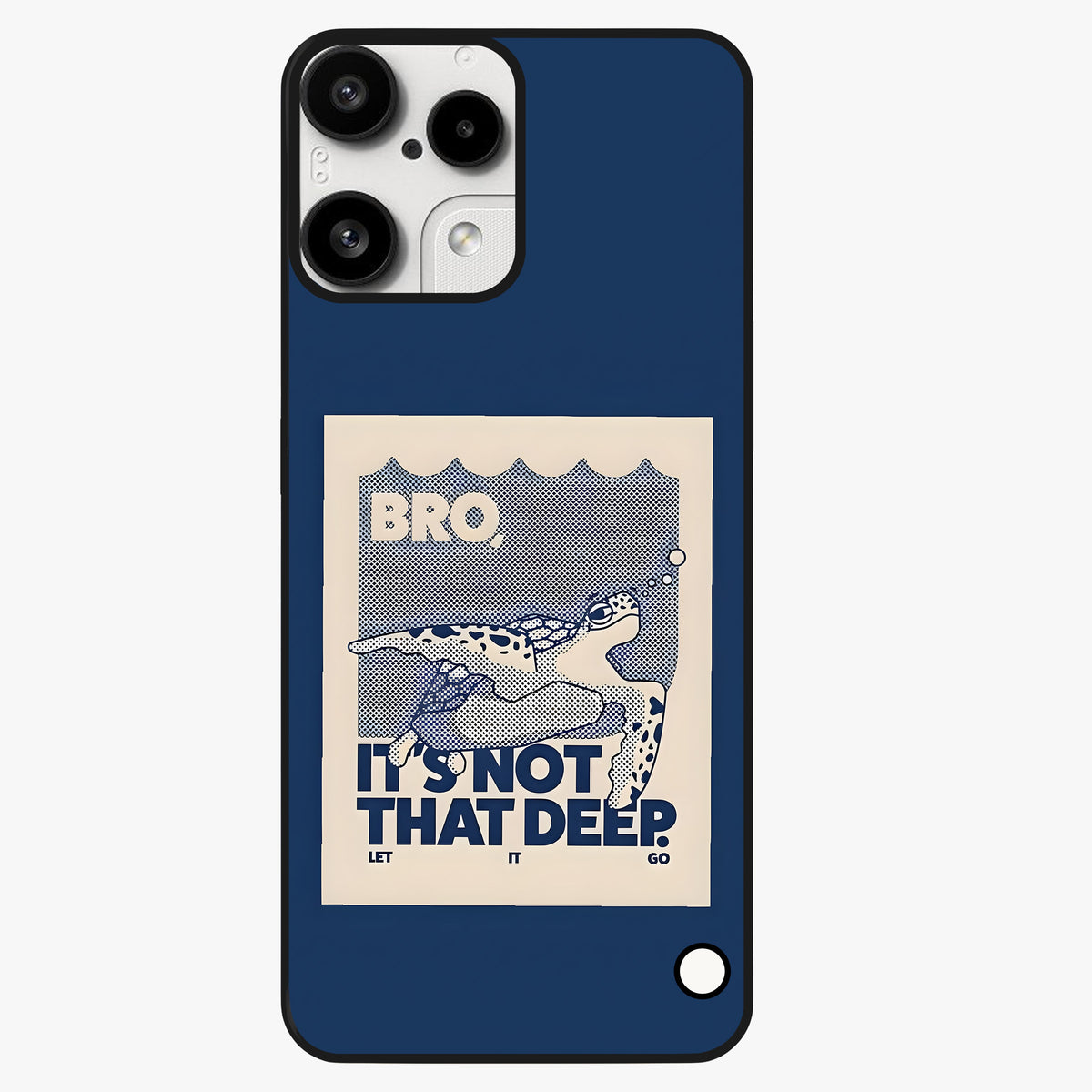 Worry Less Swim Glass Case showing flat back view with playful motivational artwork and glossy glass finish.