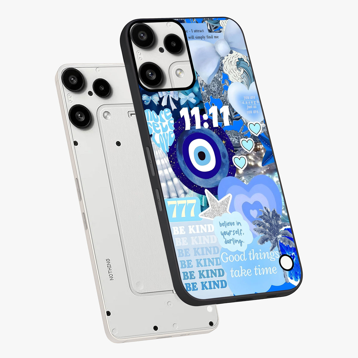 Aesthetic Be Kind Eye Glass Case displayed in angled mockup highlighting aesthetic eye design and inspirational vibe.