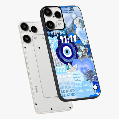 Aesthetic Be Kind Eye Glass Case displayed in angled mockup highlighting aesthetic eye design and inspirational vibe.