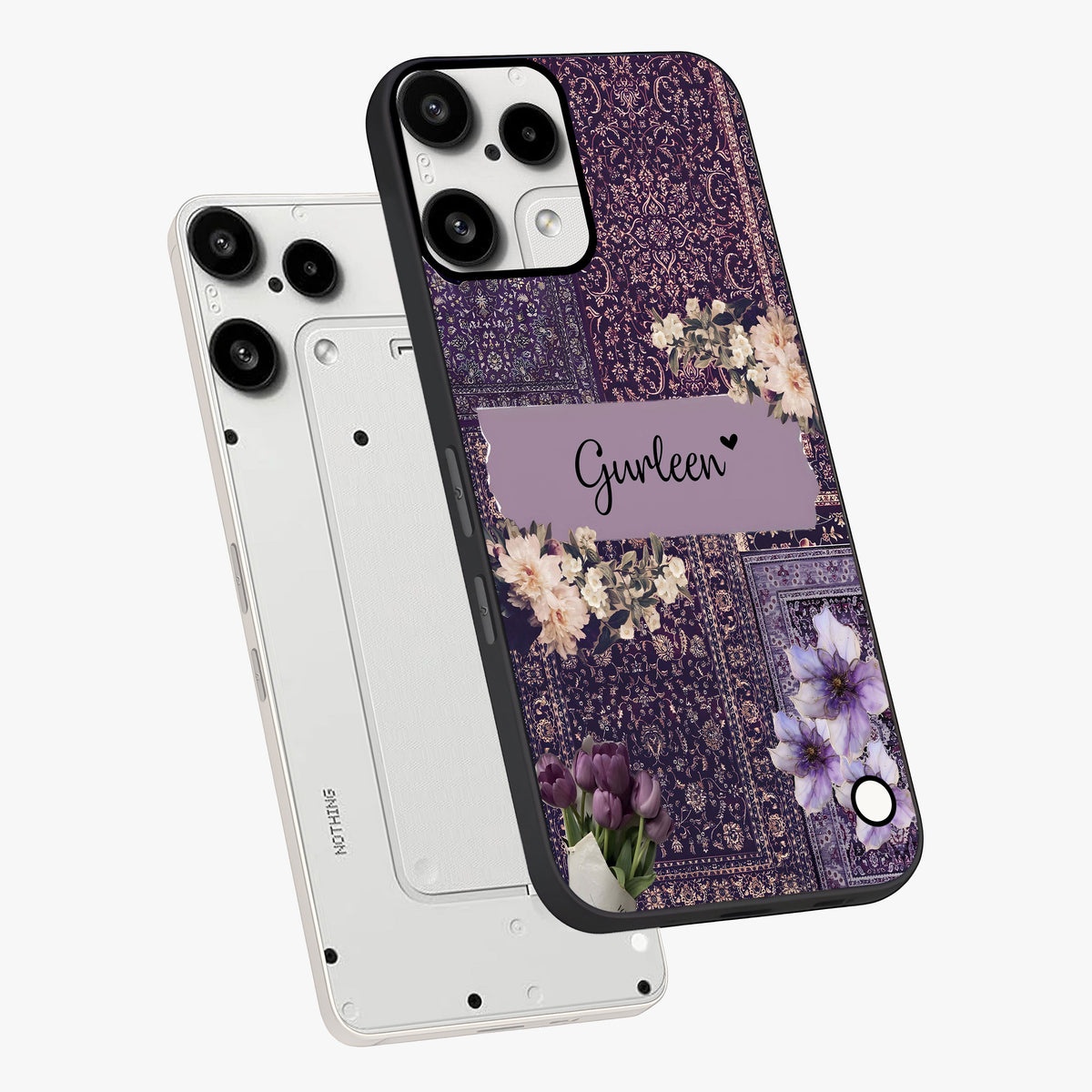 Antique Floral Whisper Custom Name Glass Case displayed in angled mockup highlighting elegant antique floral aesthetic.