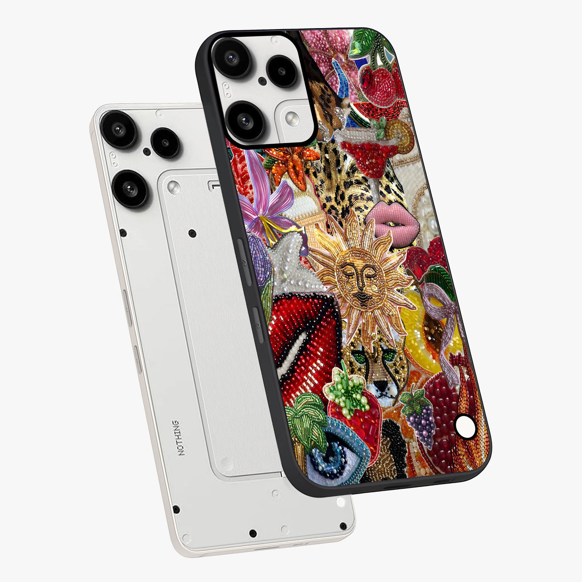 Beaded Fashion Jungle Glass Case displayed in angled mockup highlighting colorful fashion bead design and artistic pattern.