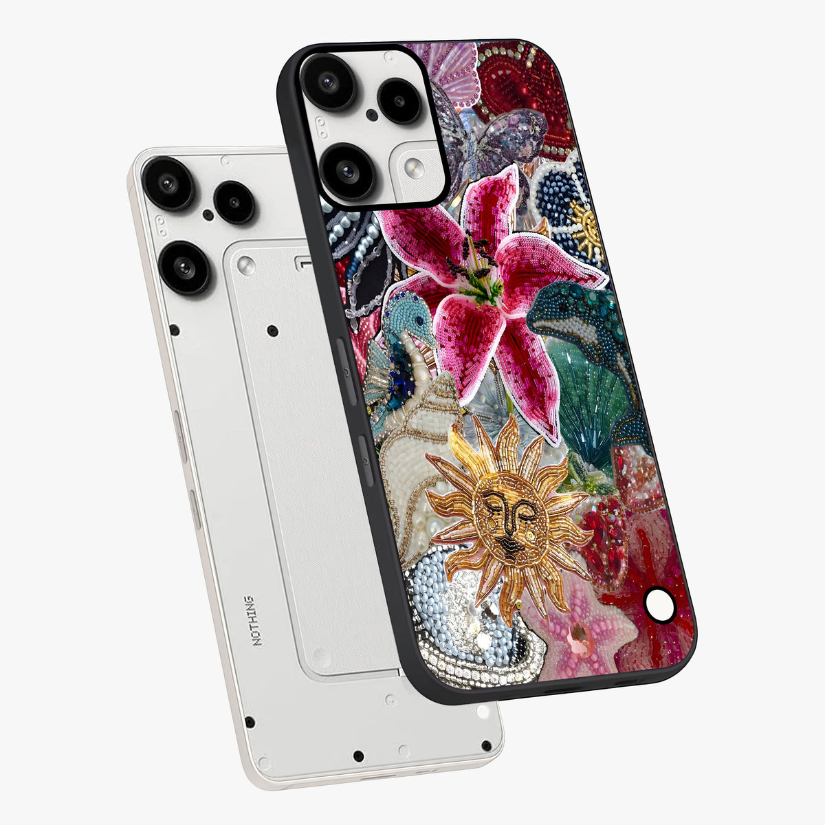 Beaded Garden Fantasy Glass Case displayed in angled mockup highlighting fantasy inspired floral bead pattern.