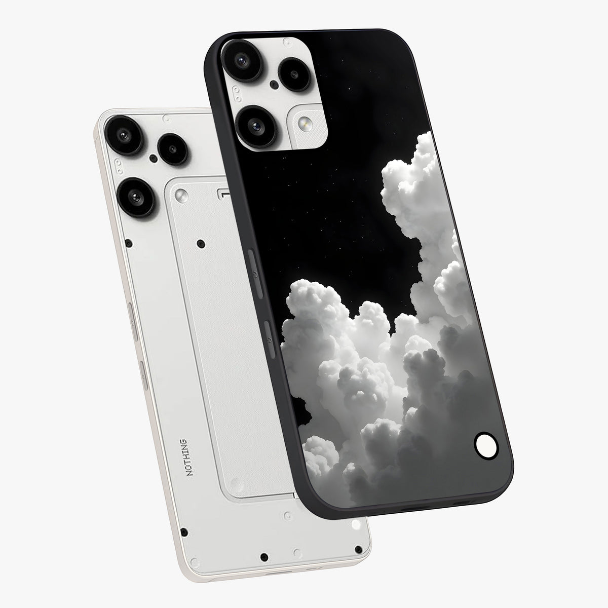 Black Background With White Cloud Glass Case displayed in angled mockup highlighting soft white cloud illustration and minimal design.