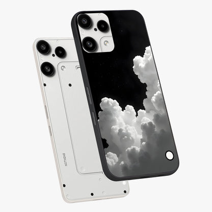 Black Background With White Cloud Glass Case displayed in angled mockup highlighting soft white cloud illustration and minimal design.