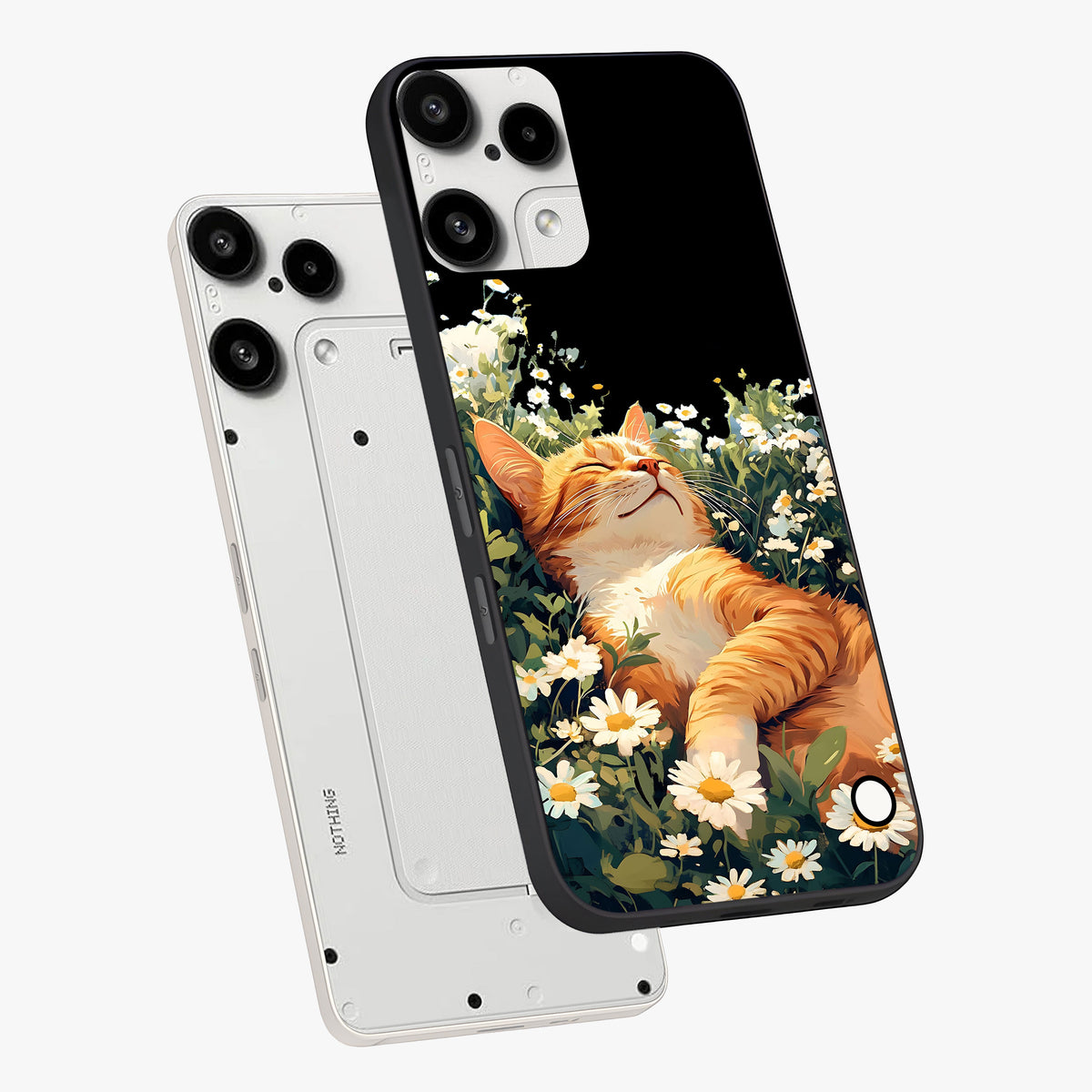 Blissful Bloom Cat Glass Case displayed in angled mockup highlighting playful feline illustration with soft floral aesthetic.
