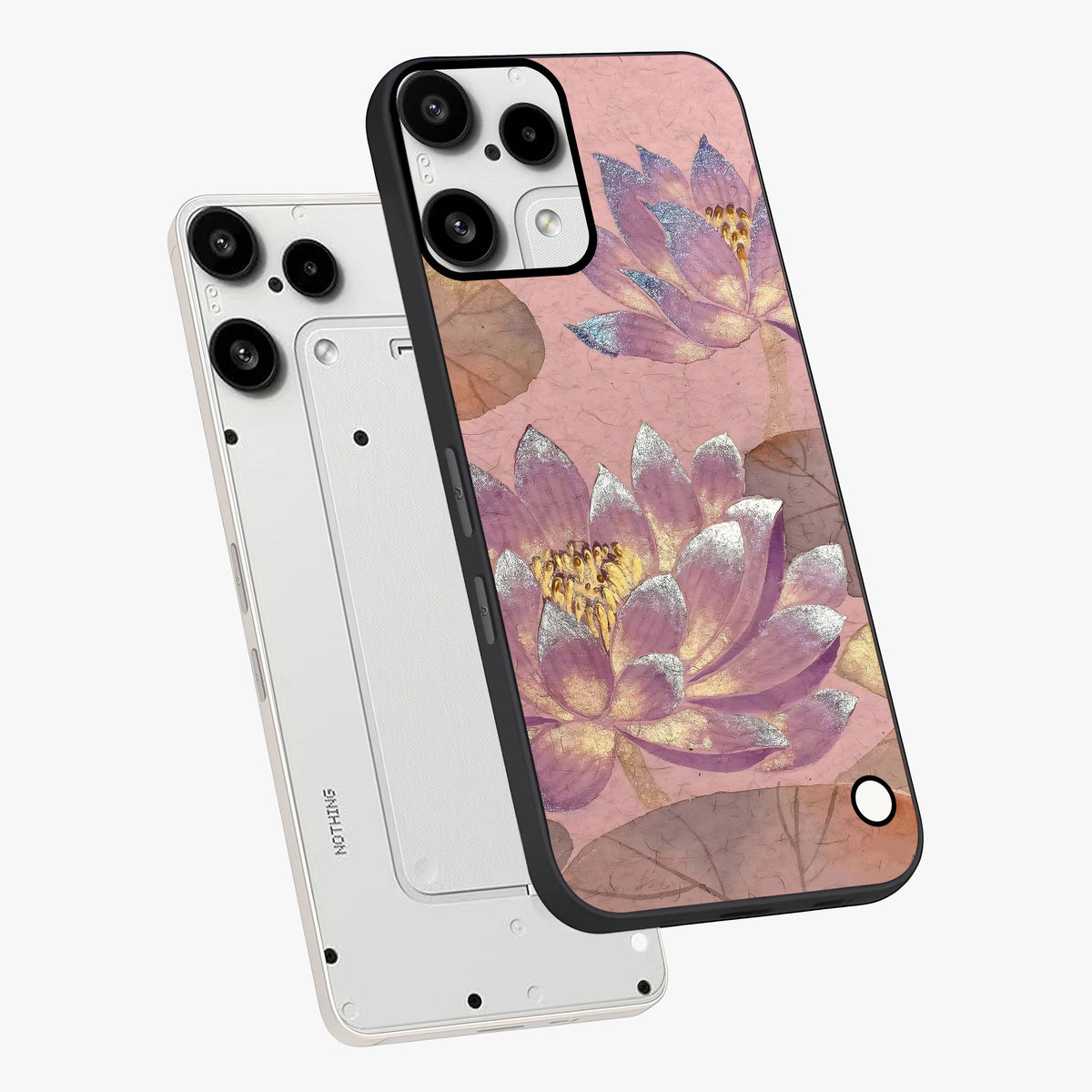 Blossom Mist Lotus Glass Case displayed in angled mockup highlighting delicate lotus illustration with calm aesthetic theme.