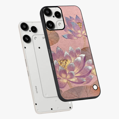 Blossom Mist Lotus Glass Case displayed in angled mockup highlighting delicate lotus illustration with calm aesthetic theme.