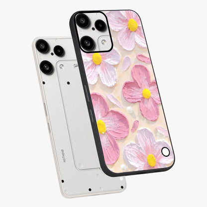 Blush Bloom Texture Glass Case displayed in angled mockup highlighting subtle bloom pattern with aesthetic pastel design.