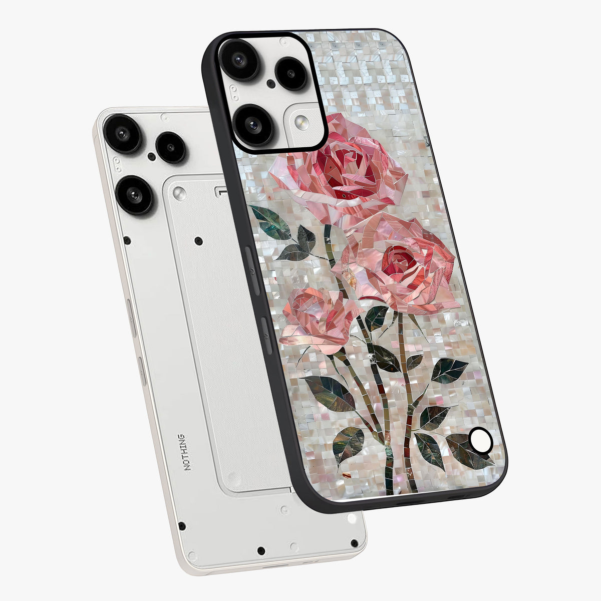 Blush Mosaic Bloom Glass Case displayed in angled mockup highlighting artistic mosaic flower pattern with aesthetic design.
