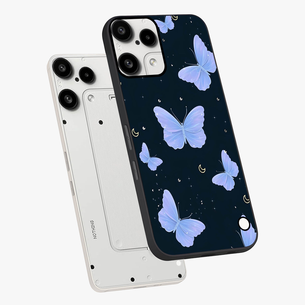 Butterfly With Stars Pattern Glass Case displayed in angled mockup highlighting dreamy butterfly and star design with aesthetic theme.