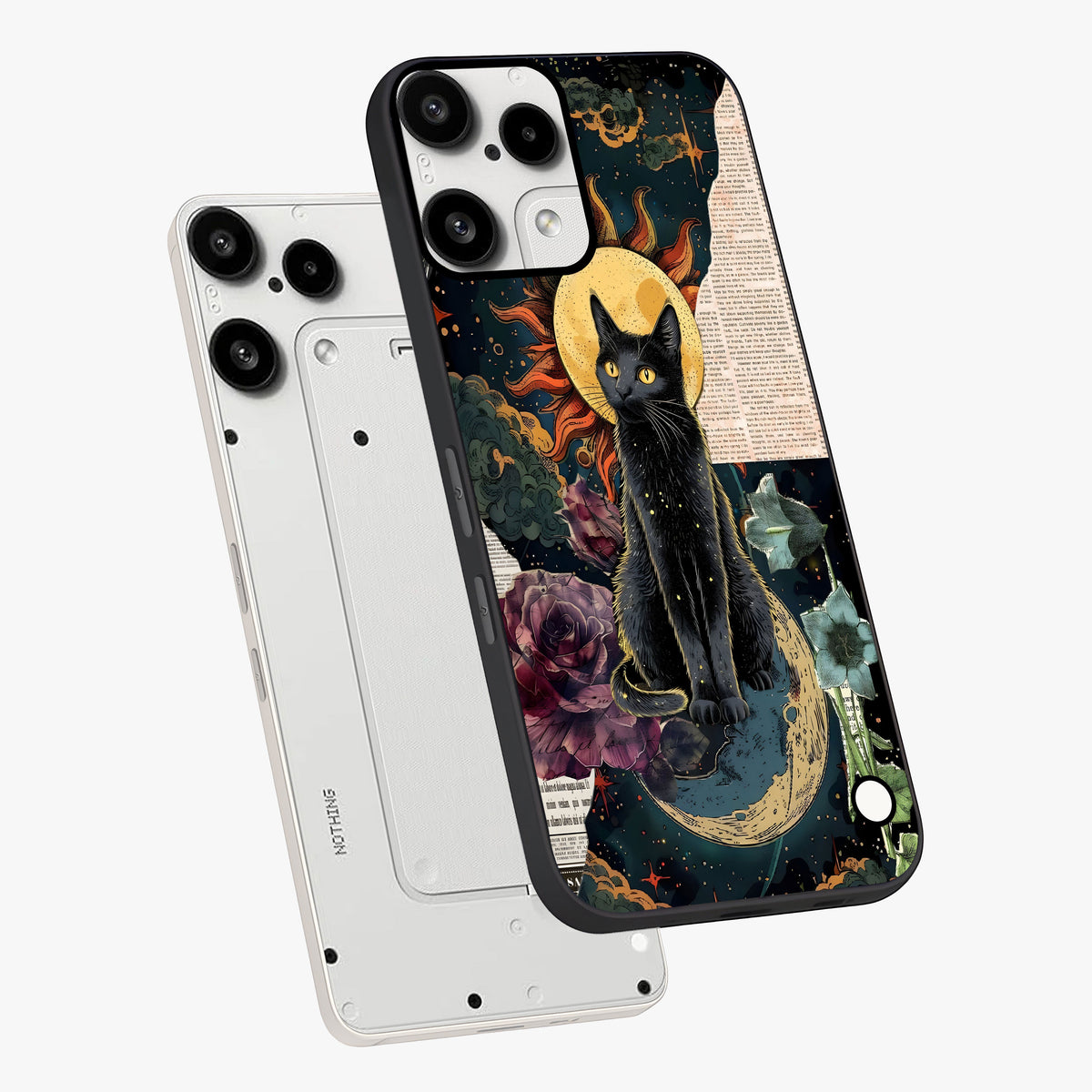 Celestial Black Cat Glass Case displayed in angled mockup highlighting cosmic black cat design with celestial aesthetic.