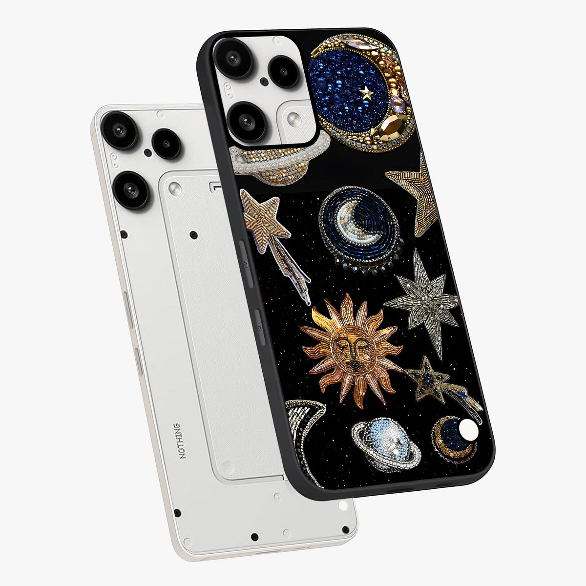 Celestial Gem Constellations Glass Case displayed in angled mockup highlighting gemstone inspired constellation design.