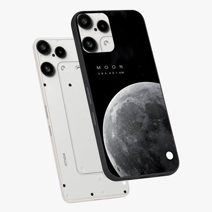 Cosmic Moon Glow Glass Case displayed in angled mockup highlighting celestial moon design with cosmic aesthetic theme.