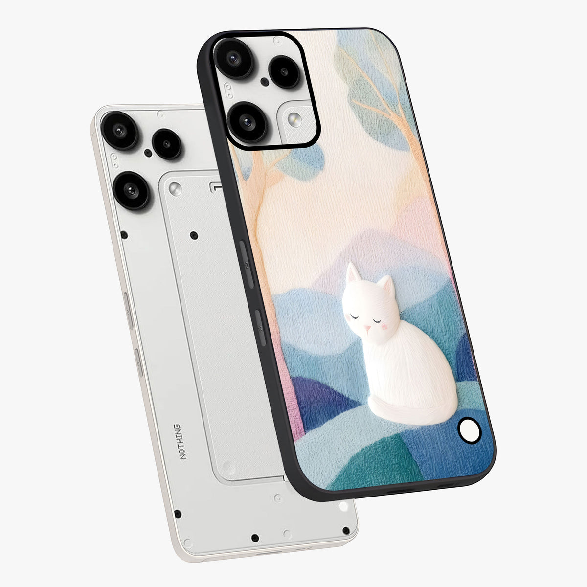 Cotton Dream Cat Glass Case displayed in angled mockup highlighting cute feline illustration with pastel aesthetic style.