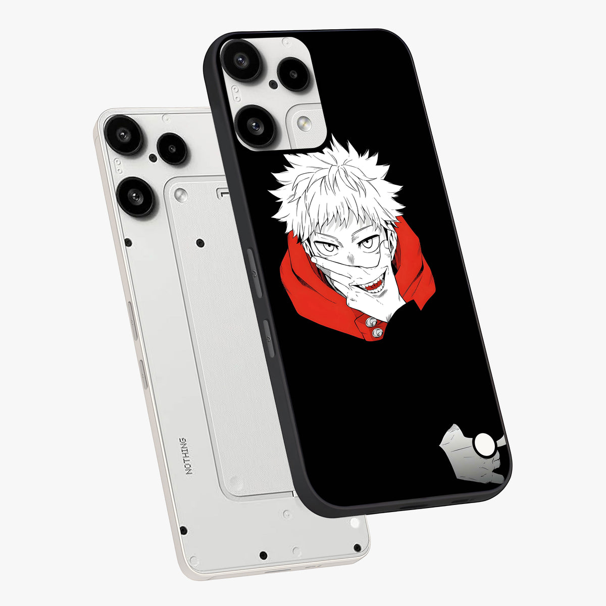 Crimson Chaos Smile Glass Case displayed in angled mockup highlighting edgy crimson smile design with graphic aesthetic.
