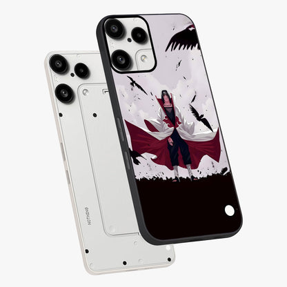 Crimson Crow Ascension Glass Case displayed in angled mockup highlighting powerful crow illustration with dark crimson aesthetic.