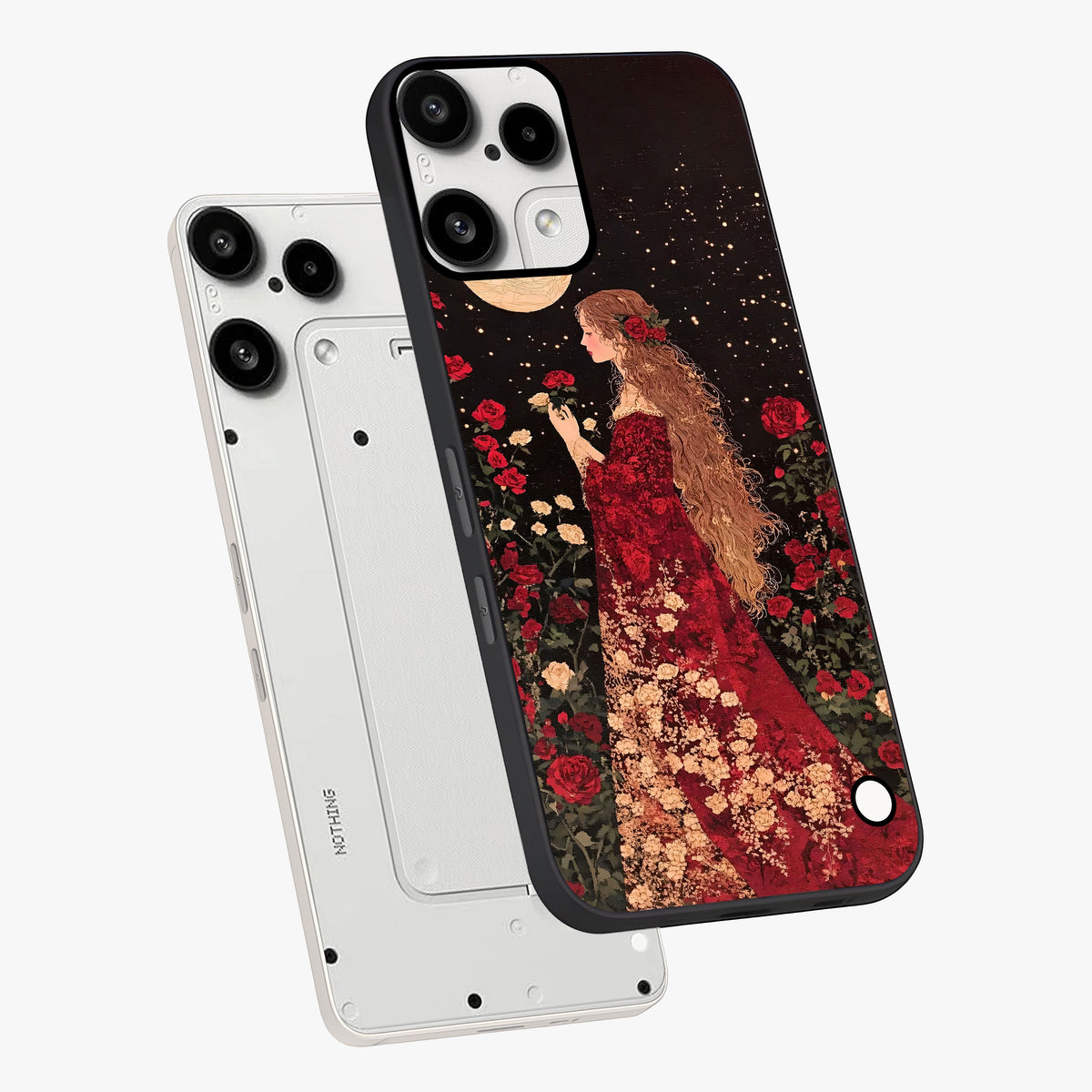 Crimson Dreams Glass Case displayed in angled mockup highlighting soft crimson aesthetic design with artistic theme.