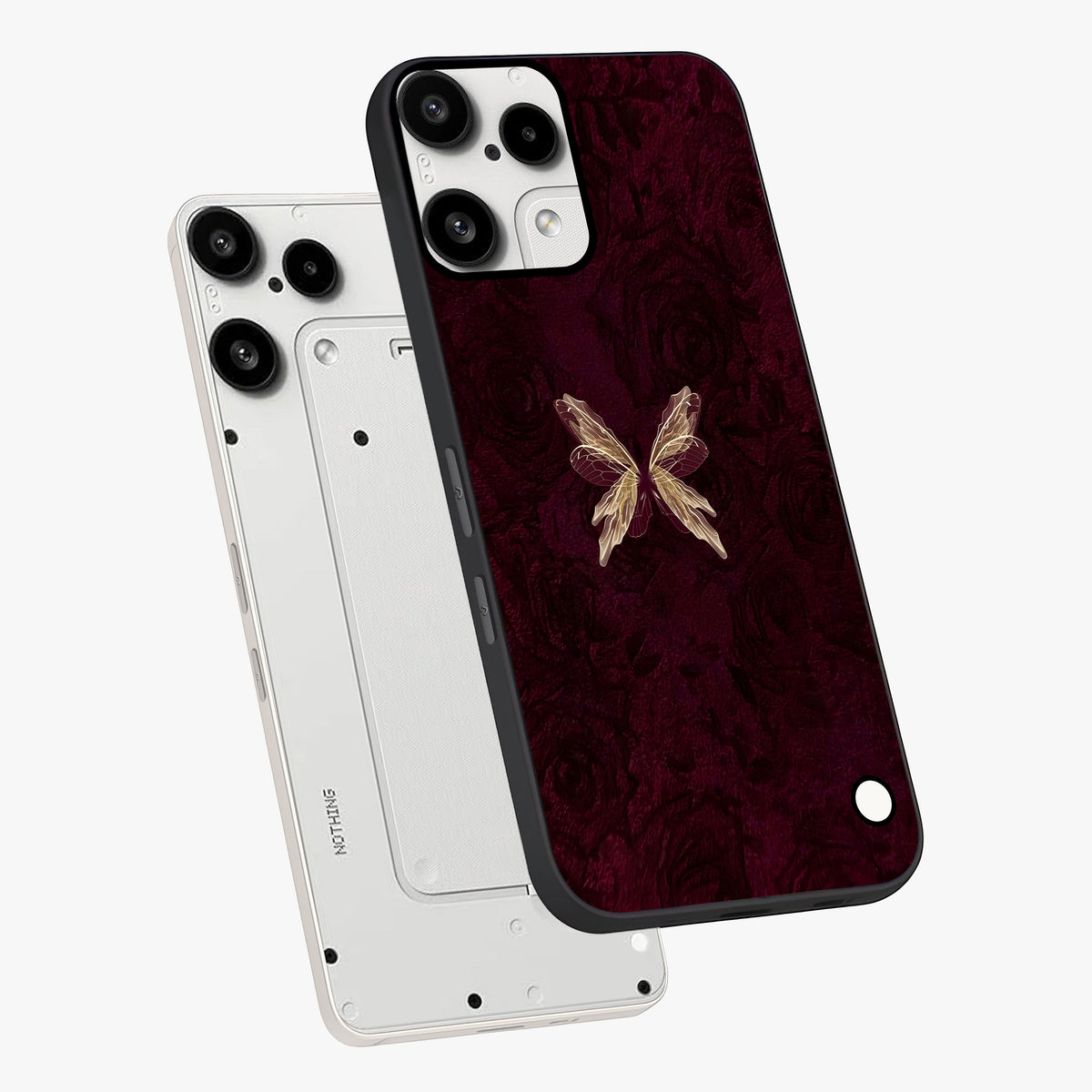Crimson Fade Butterfly Glass Case displayed in angled mockup highlighting elegant butterfly design with crimson gradient aesthetic.