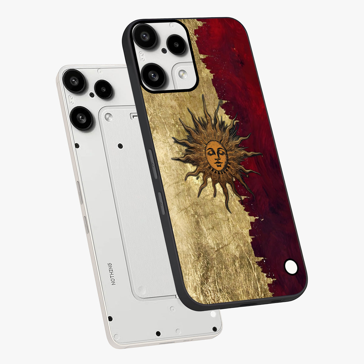 Crimson Sun Majesty Glass Case displayed in angled mockup highlighting majestic crimson sun design with bold aesthetic style.