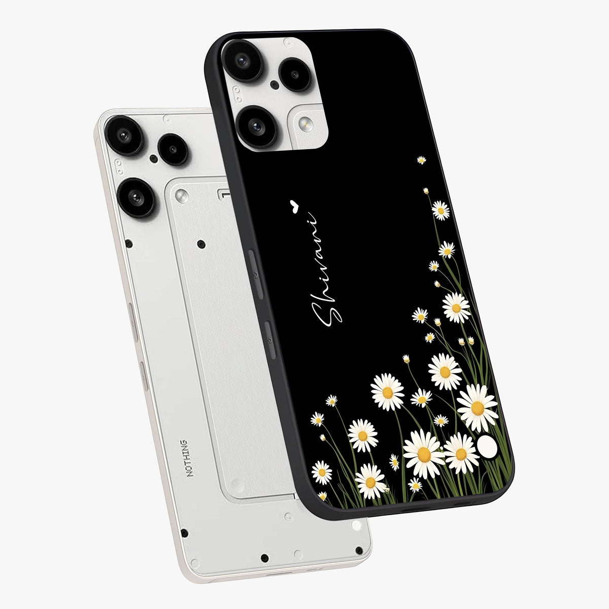 Daisy Cascade Custom Name Glass Case displayed in angled mockup highlighting delicate daisy artwork with custom name feature.