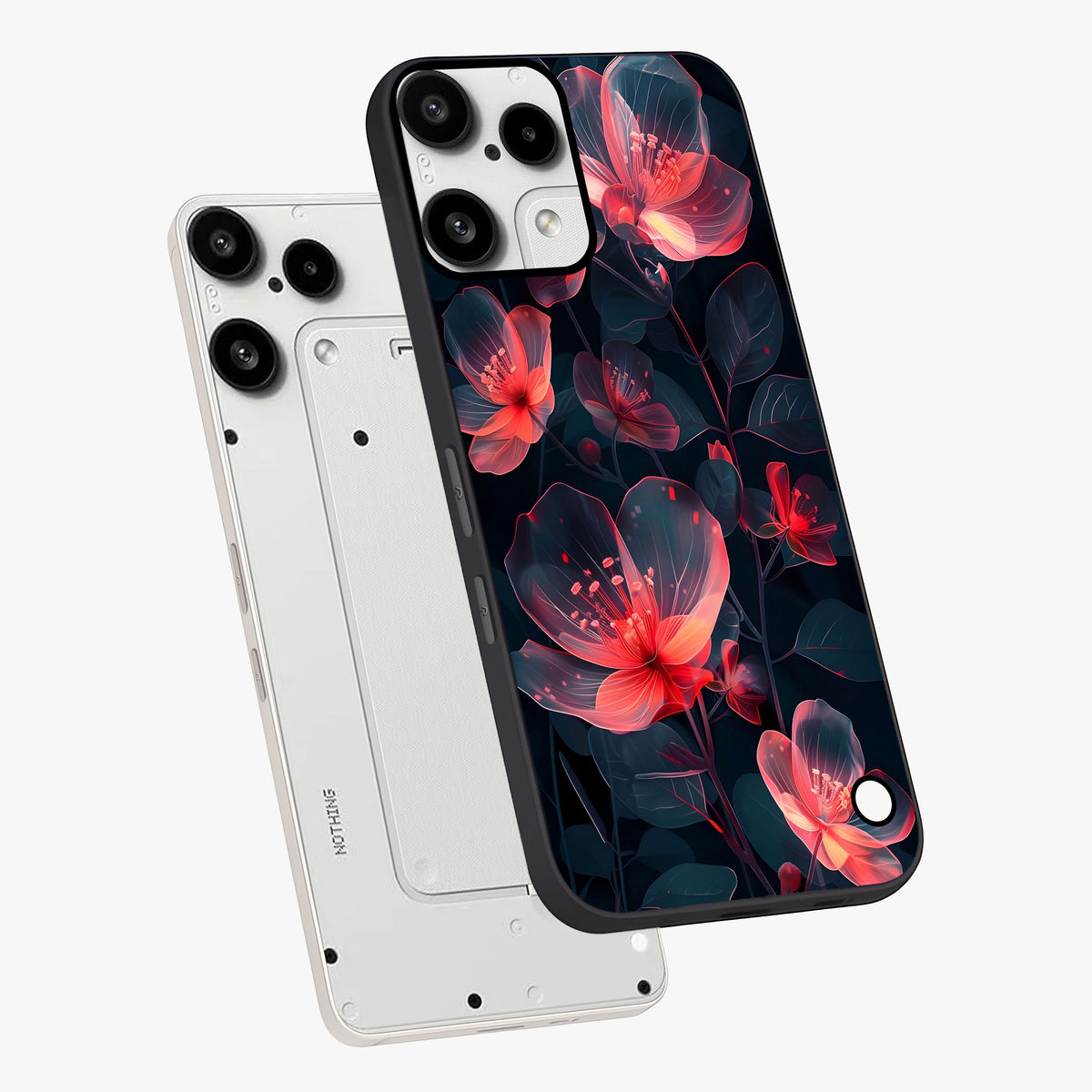 Dark Shade of Flower Glass Case displayed in angled mockup highlighting moody floral illustration with aesthetic dark tones.