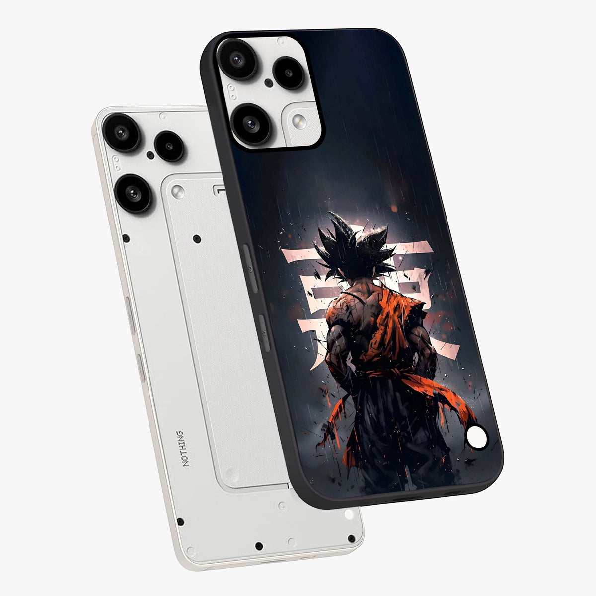 Dark Warrior In Rain Glass Case displayed in angled mockup highlighting dramatic warrior illustration with dark rain aesthetic.