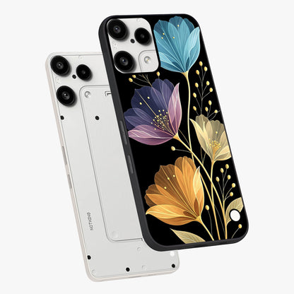 Delicate Multicolor Flowers Glass Case displayed in angled mockup highlighting colorful flower pattern with soft aesthetic style.