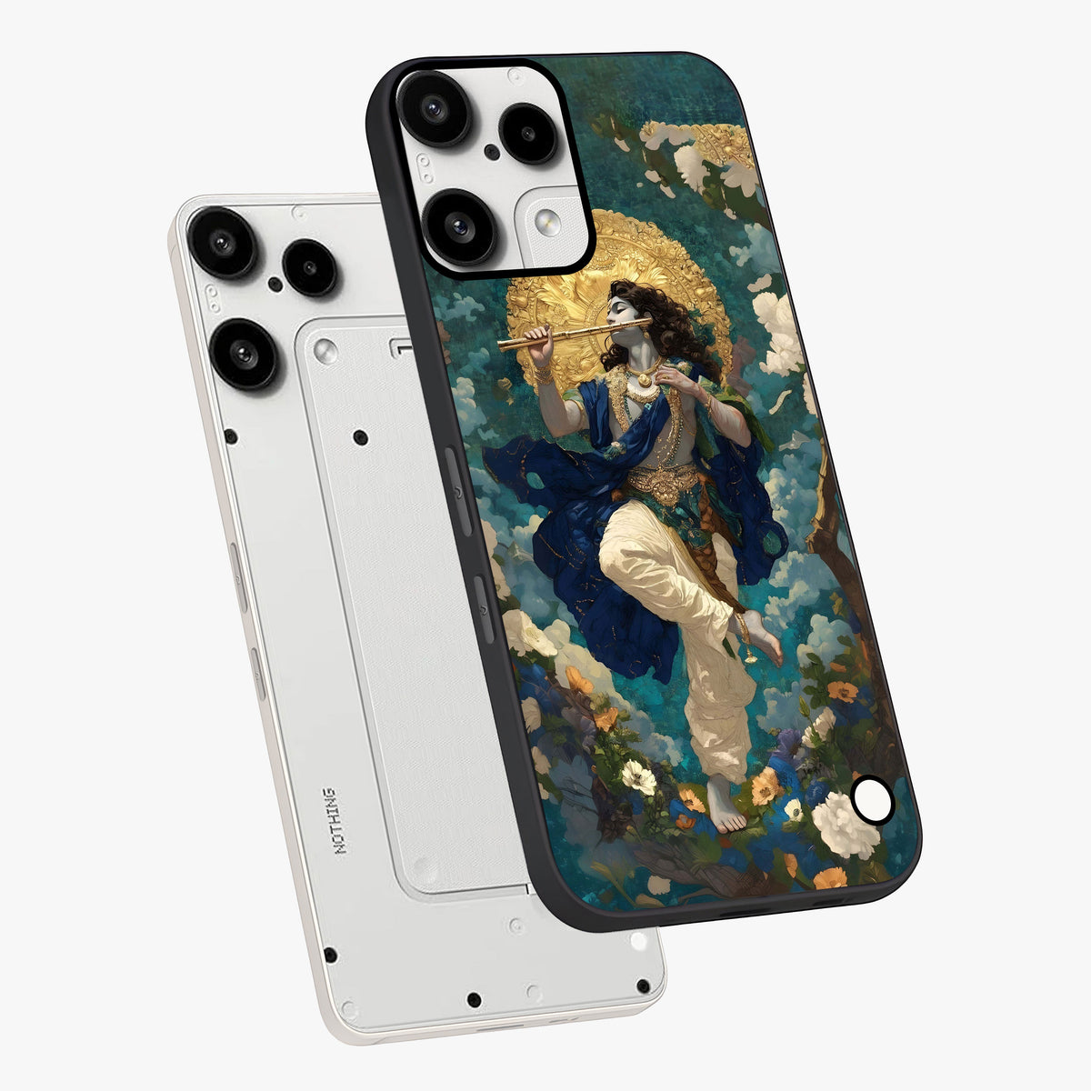 Divine Krishna Art Glass Case displayed in angled mockup highlighting spiritual Krishna illustration with devotional aesthetic.