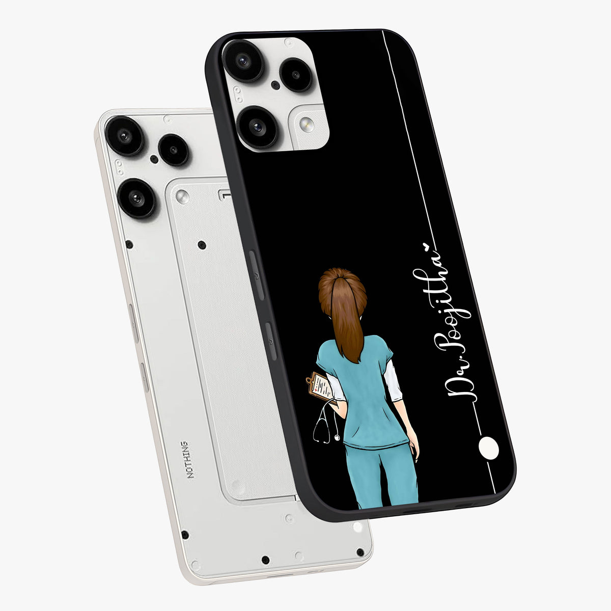 Doctor Pattern Custom Name Glass Case displayed in angled mockup highlighting doctor inspired artwork with custom name feature.