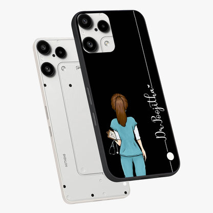 Doctor Pattern Custom Name Glass Case displayed in angled mockup highlighting doctor inspired artwork with custom name feature.