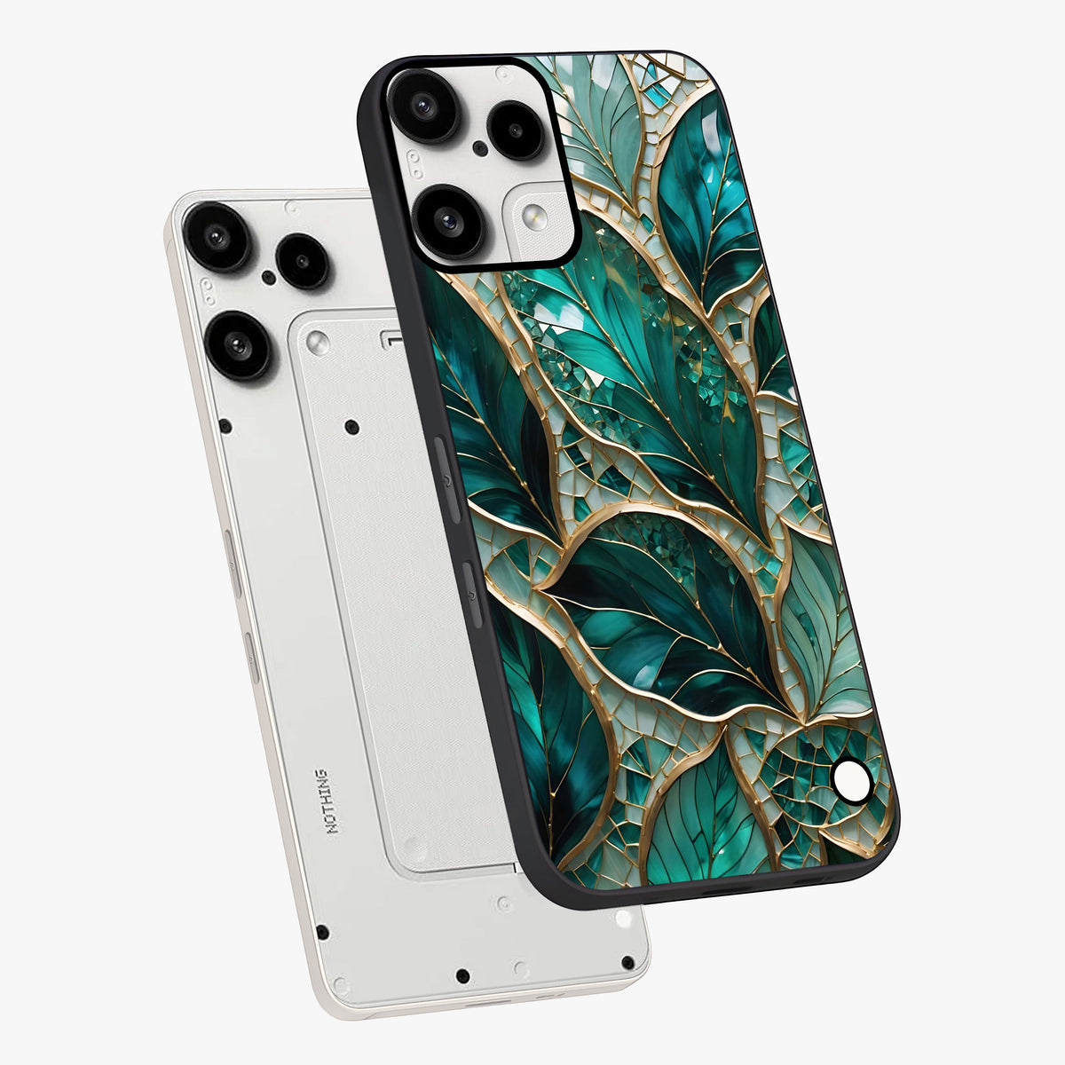 Emerald Leaf Glass Glass Case displayed in angled mockup highlighting botanical leaf illustration with elegant natural aesthetic.